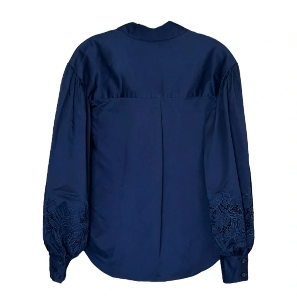 Kate Spade Navy Puff Sleeve Embroidered Eyelet Button Down Blouse Size 6